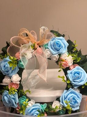 Hand Crafted Blue, White & Peach Rose Wreath with Pink Accents